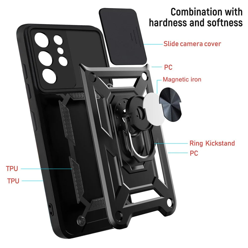 Slide Camera Cover PC + TPU Shockproof Scratch-Resistant Kickstand Phone Case for Samsung Galaxy S21 Ultra 5G - Black - 5