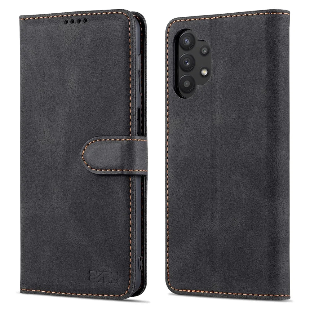 AZNS Anti-Scratch Shockproof Wallet Design Phone Case with Stand for Samsung Galaxy A32 5G / M32 5G - Black - 1