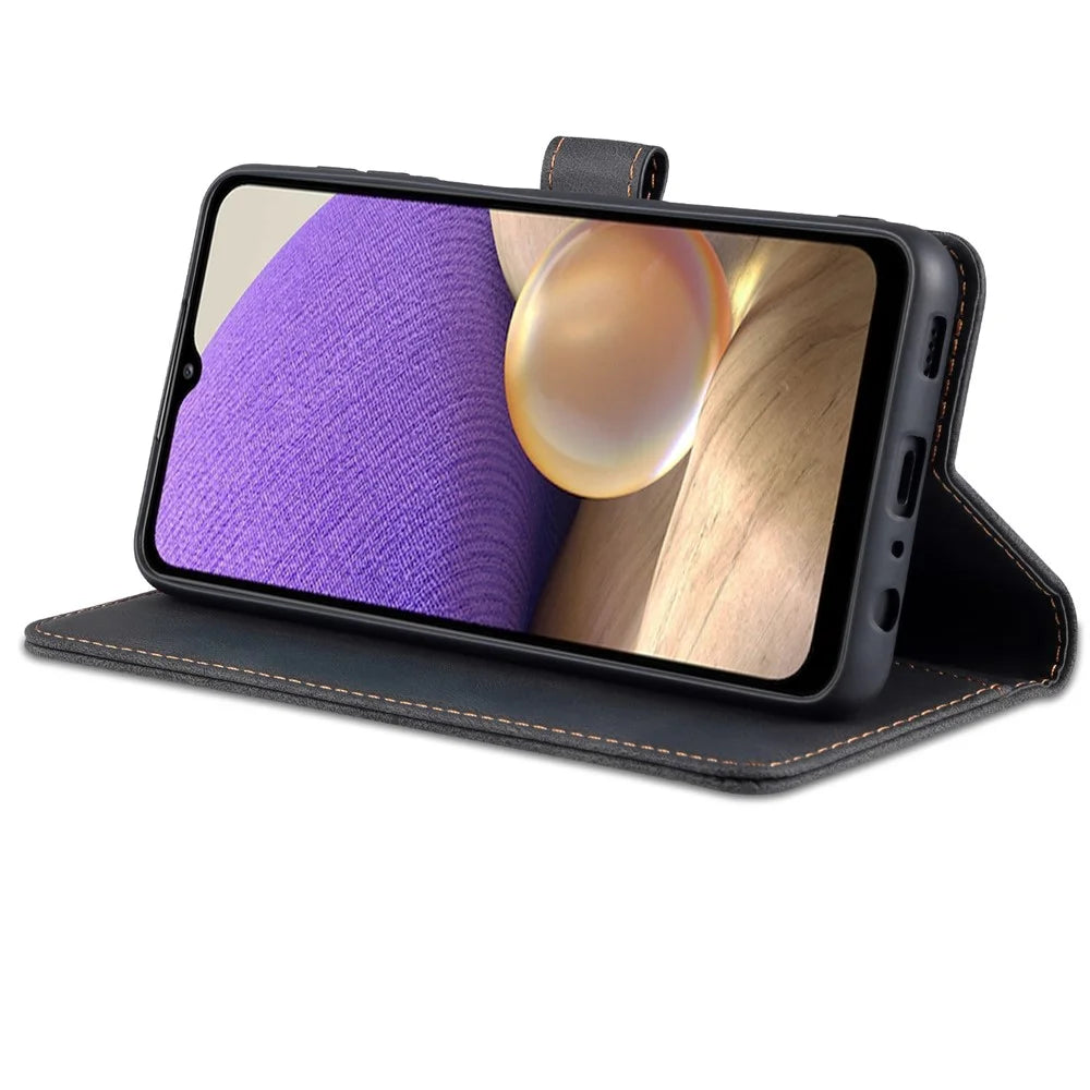 AZNS Anti-Scratch Shockproof Wallet Design Phone Case with Stand for Samsung Galaxy A32 5G / M32 5G - Black - 5