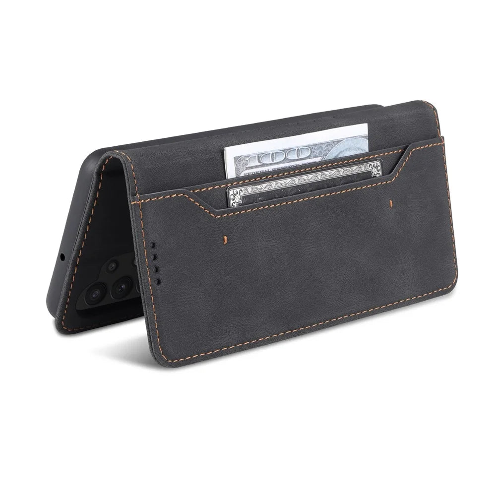 AZNS Anti-Scratch Shockproof Wallet Design Phone Case with Stand for Samsung Galaxy A32 5G / M32 5G - Black - 7