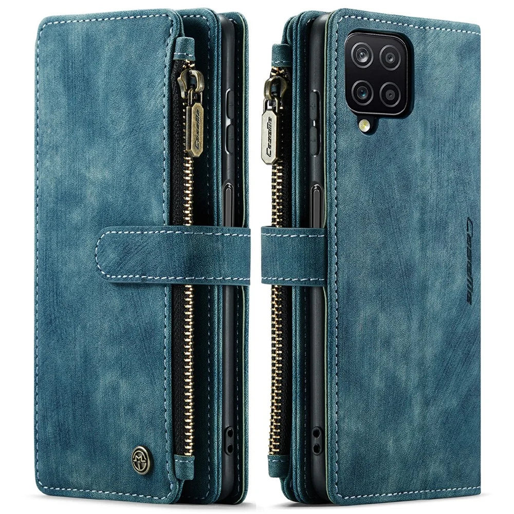 For Samsung Galaxy A12 Phone Cases with Strap CASEME C30 Zipper Multiple Card Holder PU Leather Cover - Blue - 1