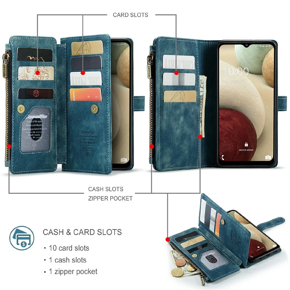 For Samsung Galaxy A12 Phone Cases with Strap CASEME C30 Zipper Multiple Card Holder PU Leather Cover - Blue - 3