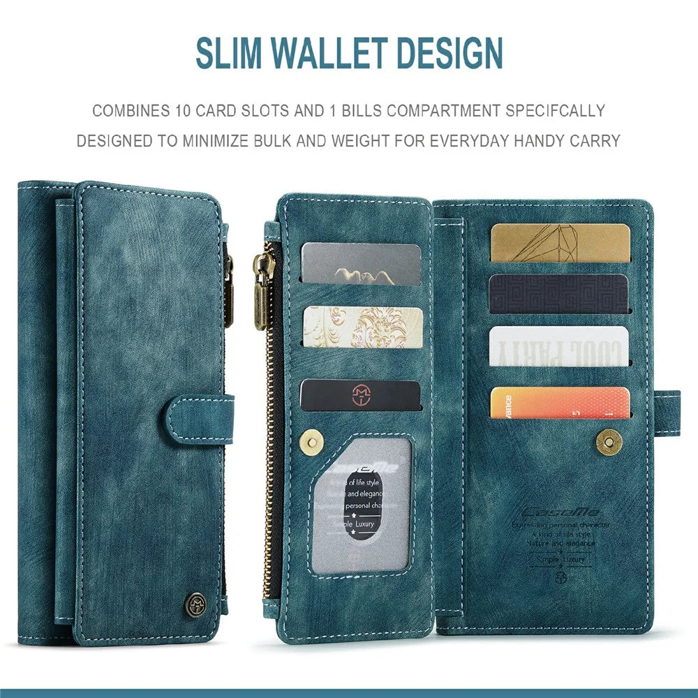 For Samsung Galaxy A12 Phone Cases with Strap CASEME C30 Zipper Multiple Card Holder PU Leather Cover - Blue - 4