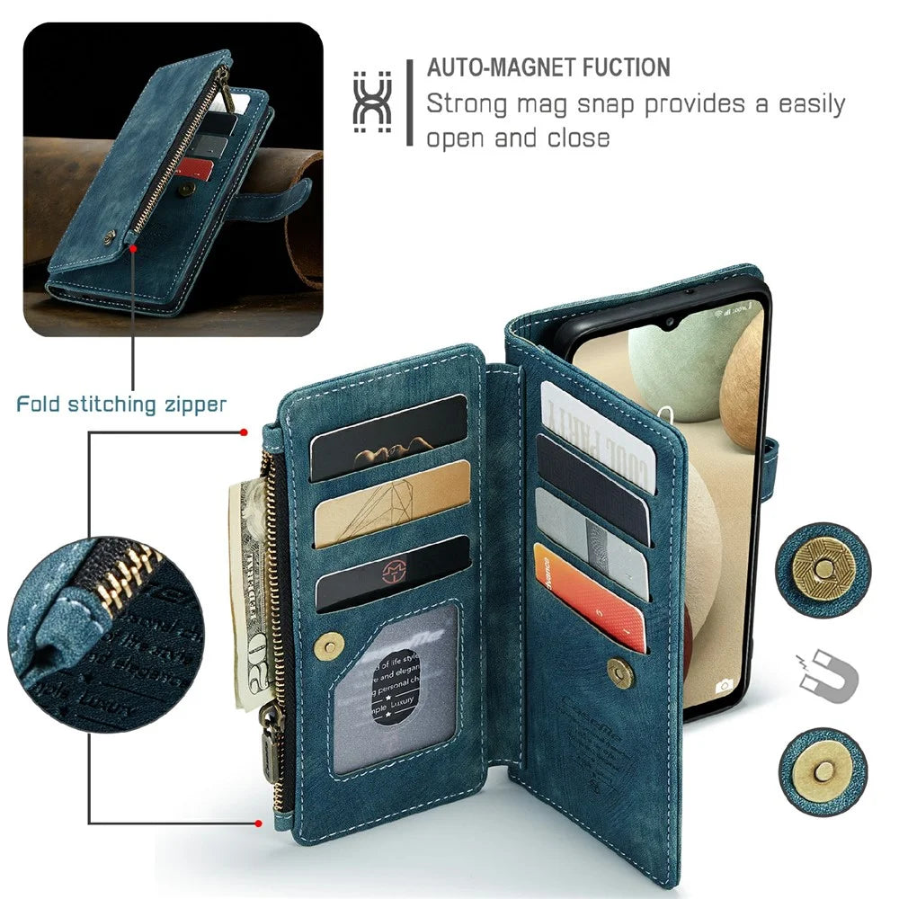 For Samsung Galaxy A12 Phone Cases with Strap CASEME C30 Zipper Multiple Card Holder PU Leather Cover - Blue - 5
