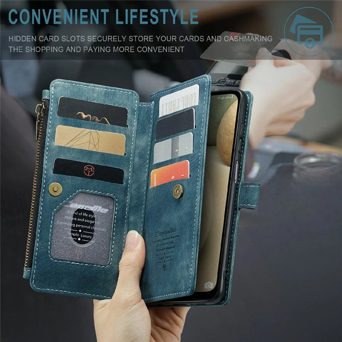 For Samsung Galaxy A12 Phone Cases with Strap CASEME C30 Zipper Multiple Card Holder PU Leather Cover - Blue - 6