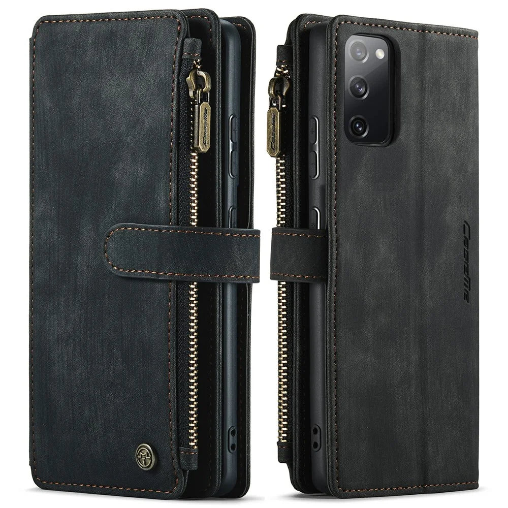 For Samsung Galaxy S20 FE 2022 / S20 FE 4G / S20 FE 5G / S20 Lite Phone Cases with Strap CASEME C30 Zipper Multiple Card Holder PU Leather Cover - Black - 1