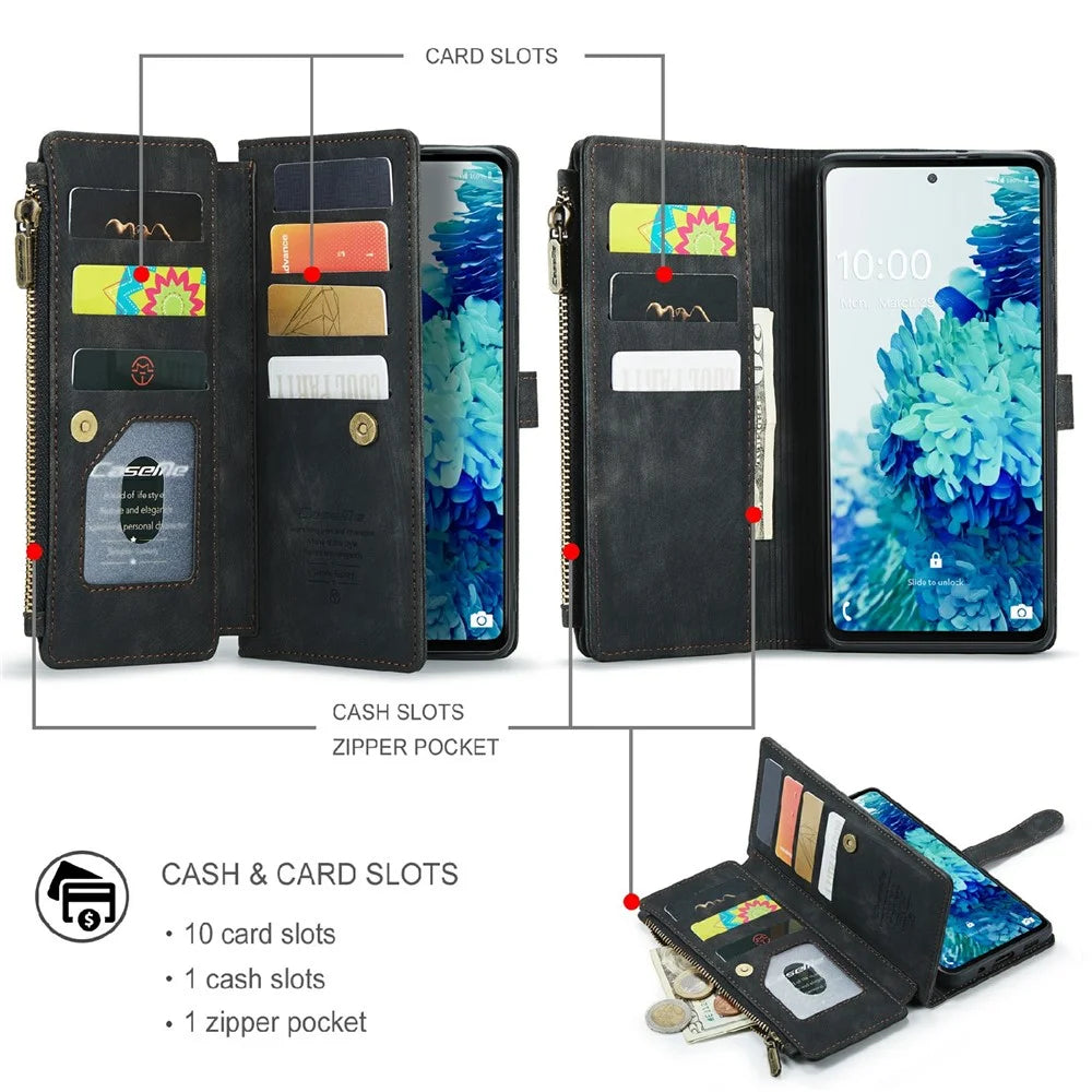 For Samsung Galaxy S20 FE 2022 / S20 FE 4G / S20 FE 5G / S20 Lite Phone Cases with Strap CASEME C30 Zipper Multiple Card Holder PU Leather Cover - Black - 4