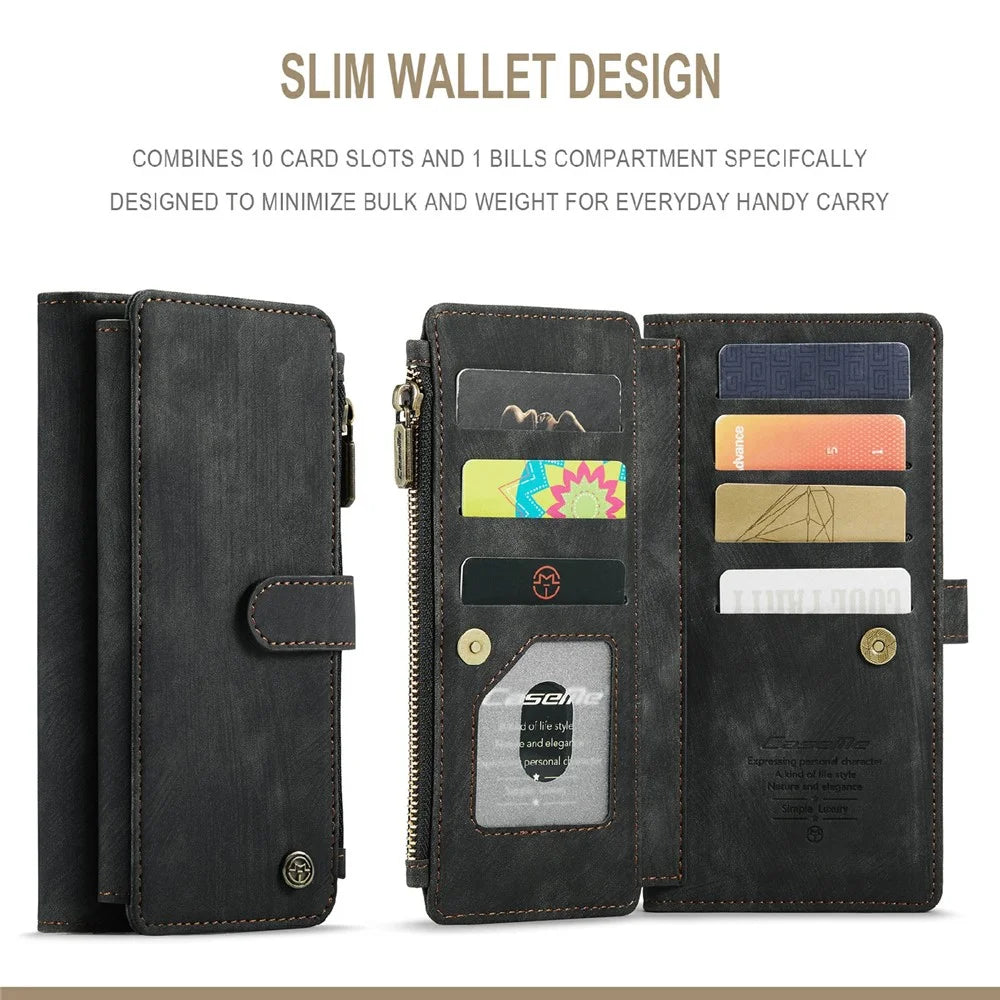 For Samsung Galaxy S20 FE 2022 / S20 FE 4G / S20 FE 5G / S20 Lite Phone Cases with Strap CASEME C30 Zipper Multiple Card Holder PU Leather Cover - Black - 5