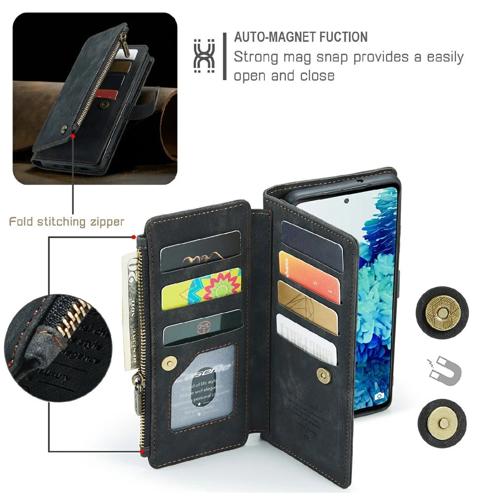 For Samsung Galaxy S20 FE 2022 / S20 FE 4G / S20 FE 5G / S20 Lite Phone Cases with Strap CASEME C30 Zipper Multiple Card Holder PU Leather Cover - Black - 6