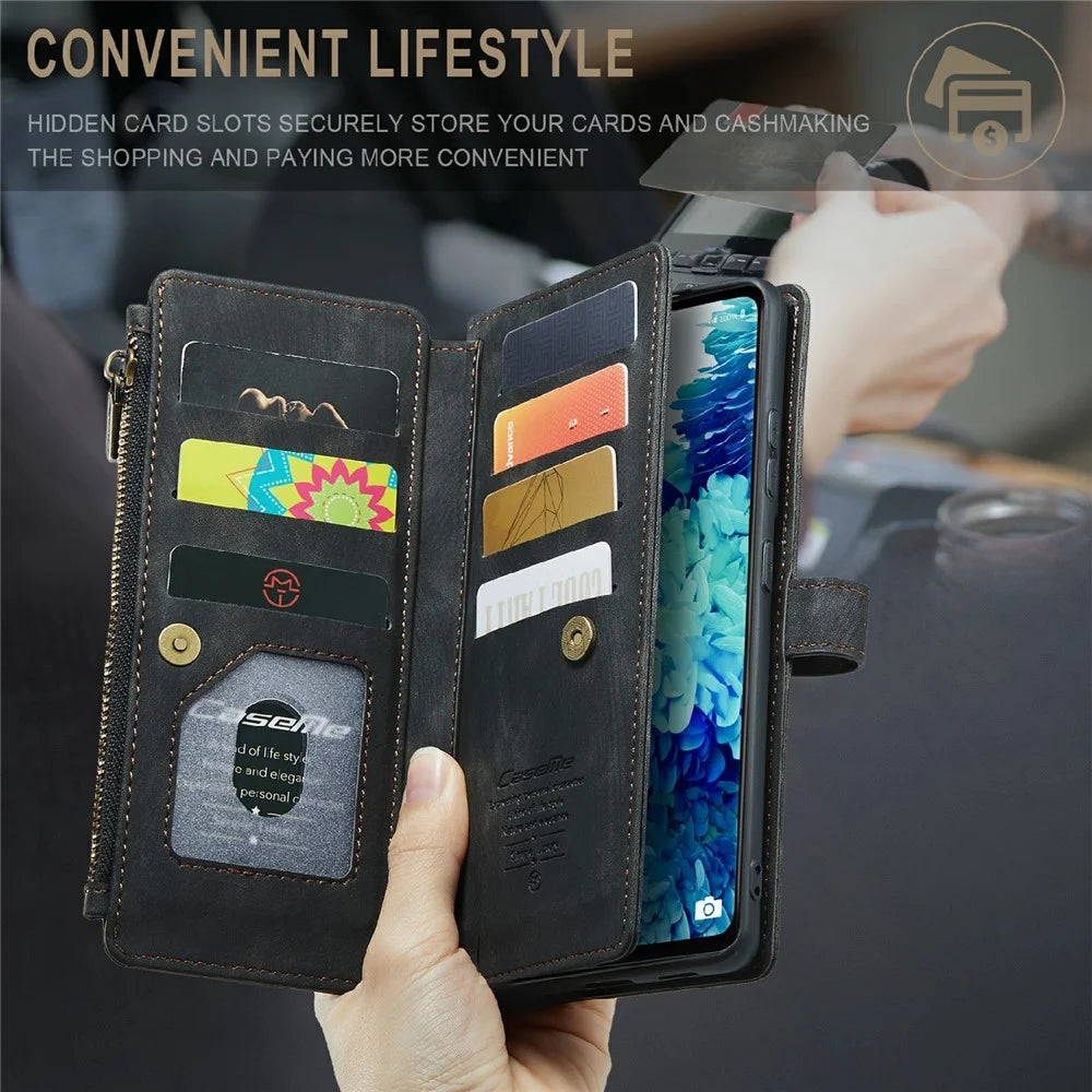 For Samsung Galaxy S20 FE 2022 / S20 FE 4G / S20 FE 5G / S20 Lite Phone Cases with Strap CASEME C30 Zipper Multiple Card Holder PU Leather Cover - Black - 7