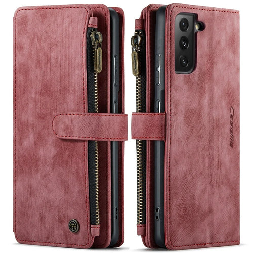 For Samsung Galaxy S21 4G / 5G Phone Cases with Strap CASEME C30 Zipper Multiple Card Holder PU Leather Cover - Red - 1