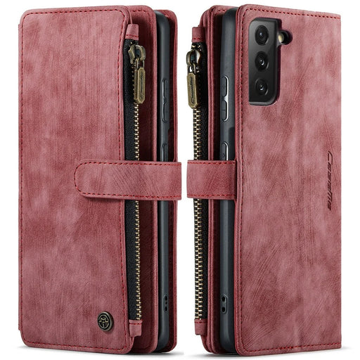 For Samsung Galaxy S21 4G / 5G Phone Cases with Strap CASEME C30 Zipper Multiple Card Holder PU Leather Cover - Red - 1