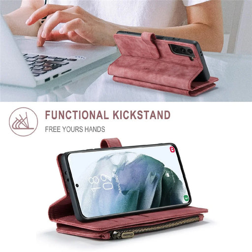 For Samsung Galaxy S21 4G / 5G Phone Cases with Strap CASEME C30 Zipper Multiple Card Holder PU Leather Cover - Red - 2
