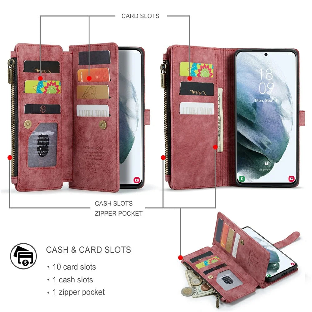 For Samsung Galaxy S21 4G / 5G Phone Cases with Strap CASEME C30 Zipper Multiple Card Holder PU Leather Cover - Red - 3
