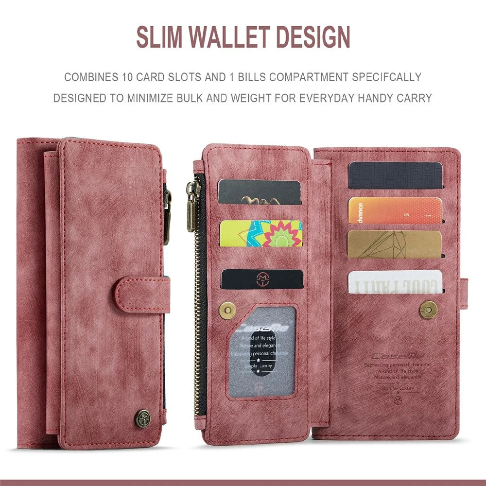 For Samsung Galaxy S21 4G / 5G Phone Cases with Strap CASEME C30 Zipper Multiple Card Holder PU Leather Cover - Red - 4