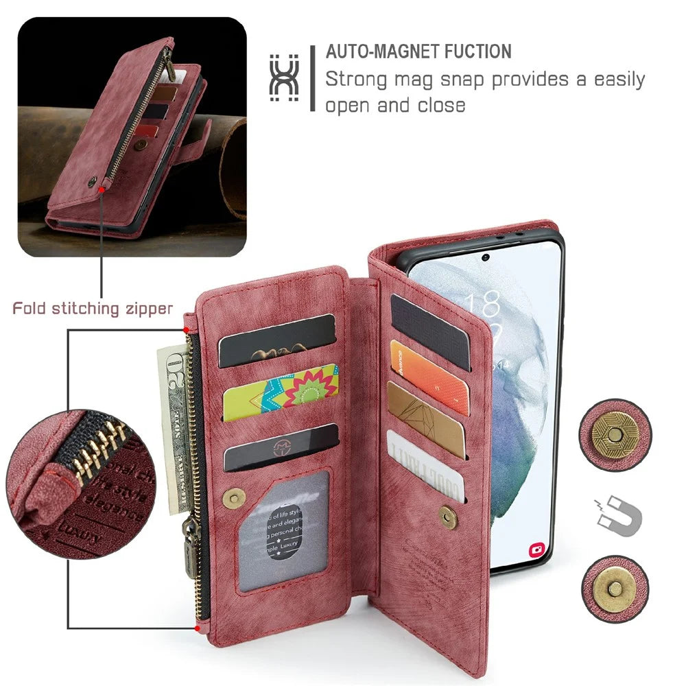 For Samsung Galaxy S21 4G / 5G Phone Cases with Strap CASEME C30 Zipper Multiple Card Holder PU Leather Cover - Red - 5