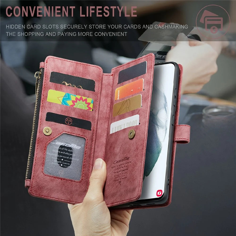 For Samsung Galaxy S21 4G / 5G Phone Cases with Strap CASEME C30 Zipper Multiple Card Holder PU Leather Cover - Red - 6