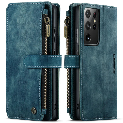 For Samsung Galaxy S21 Ultra 5G Phone Cases with Strap CASEME C30 Zipper Multiple Card Holder PU Leather Cover - Blue - 1