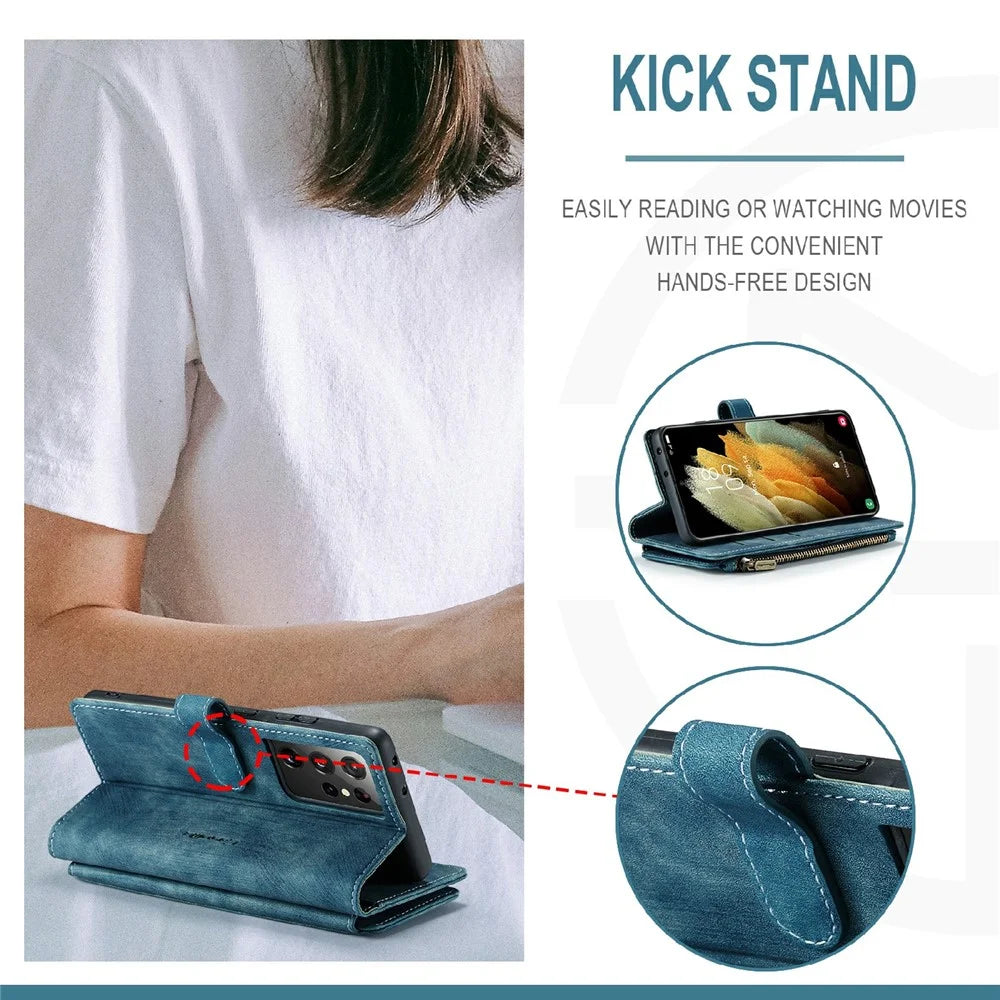 For Samsung Galaxy S21 Ultra 5G Phone Cases with Strap CASEME C30 Zipper Multiple Card Holder PU Leather Cover - Blue - 2