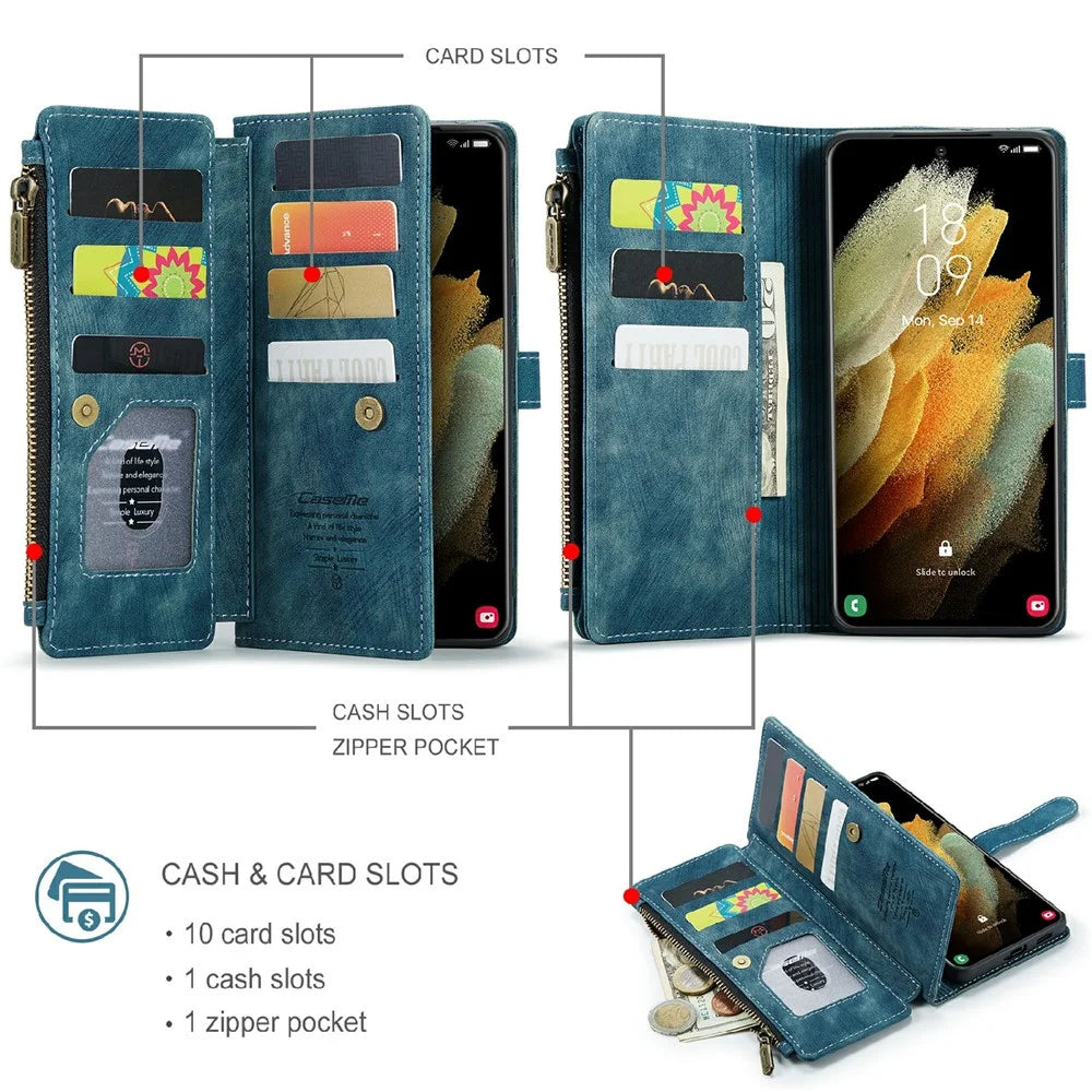 For Samsung Galaxy S21 Ultra 5G Phone Cases with Strap CASEME C30 Zipper Multiple Card Holder PU Leather Cover - Blue - 3