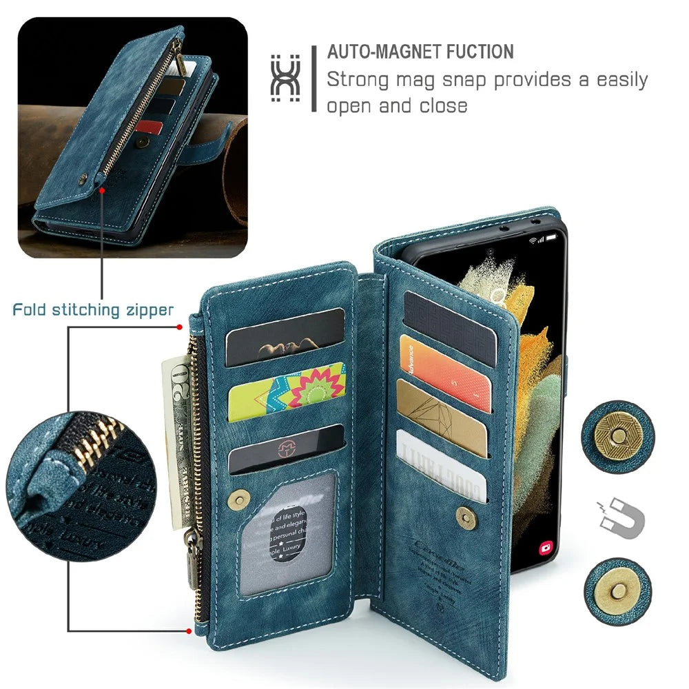 For Samsung Galaxy S21 Ultra 5G Phone Cases with Strap CASEME C30 Zipper Multiple Card Holder PU Leather Cover - Blue - 5