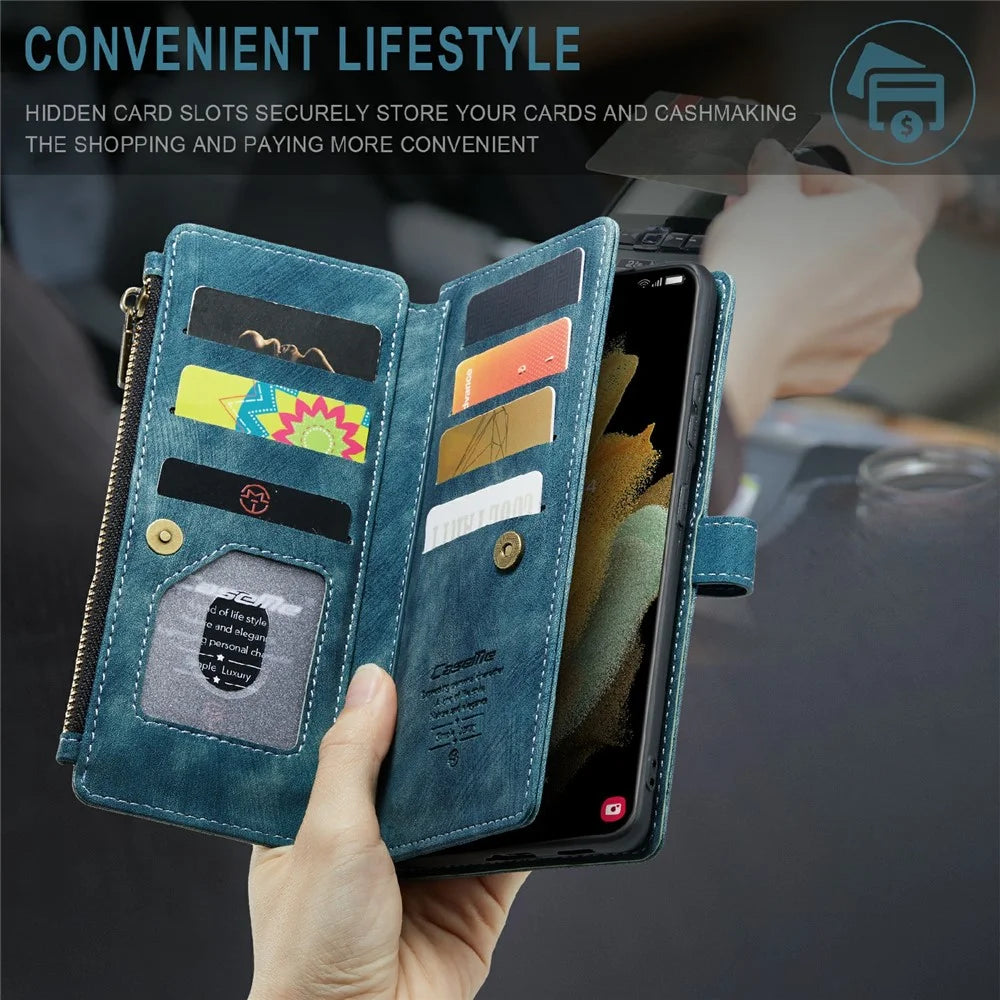 For Samsung Galaxy S21 Ultra 5G Phone Cases with Strap CASEME C30 Zipper Multiple Card Holder PU Leather Cover - Blue - 6