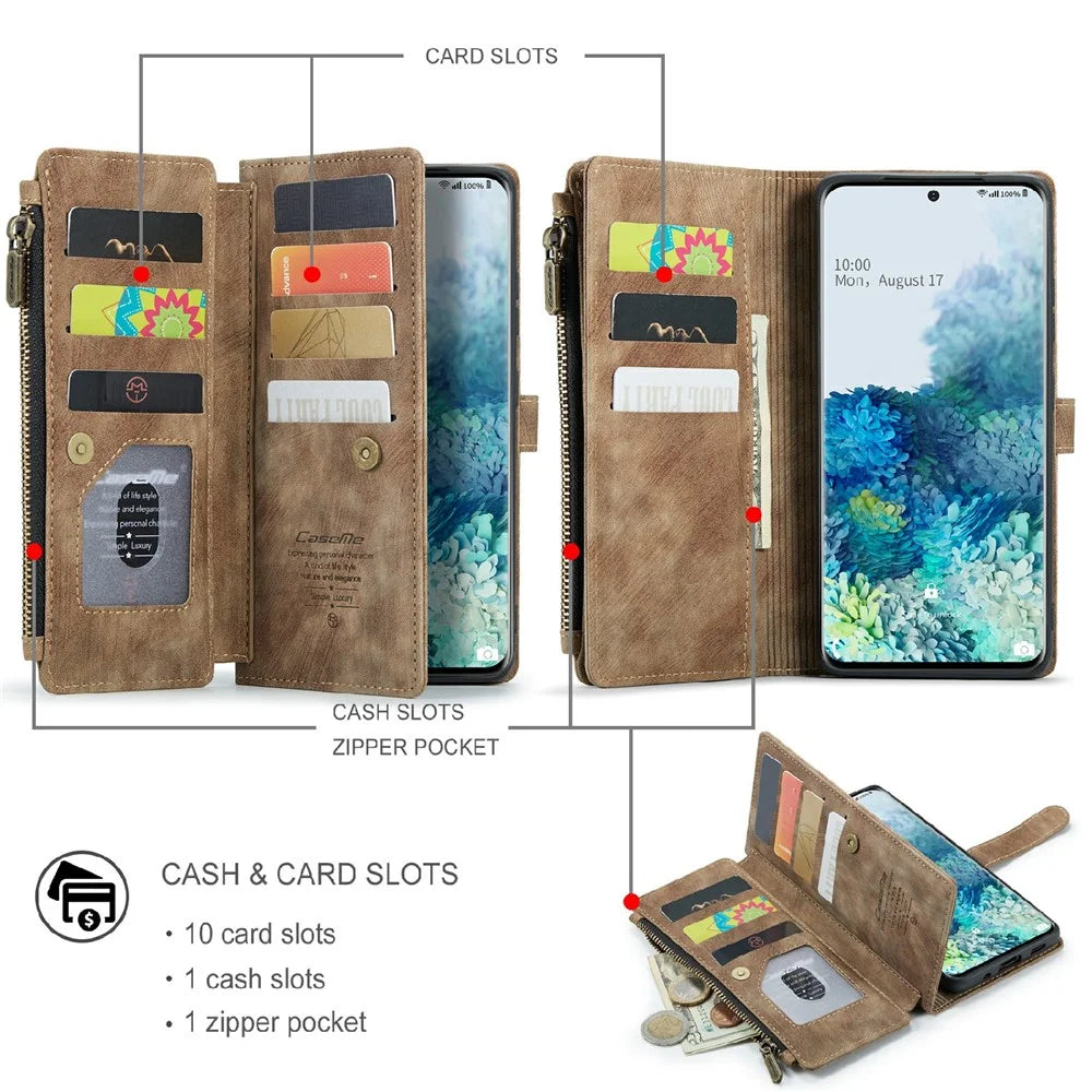 For Samsung Galaxy S20 Plus Phone Cases with Strap CASEME C30 Zipper Multiple Card Holder PU Leather Cover - Brown - 3