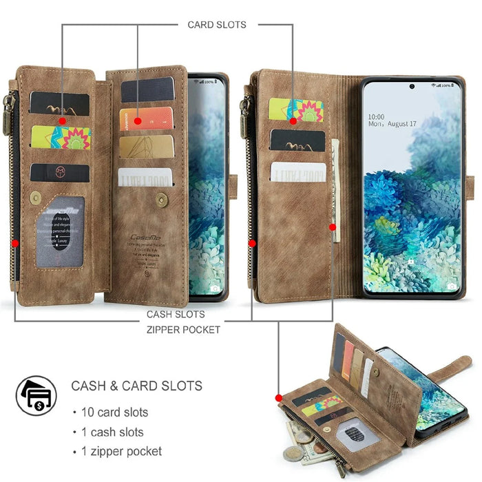 For Samsung Galaxy S20 Plus Phone Cases with Strap CASEME C30 Zipper Multiple Card Holder PU Leather Cover - Brown - 3