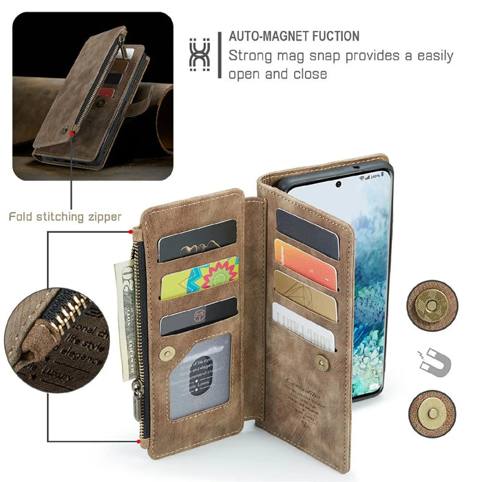 For Samsung Galaxy S20 Plus Phone Cases with Strap CASEME C30 Zipper Multiple Card Holder PU Leather Cover - Brown - 5