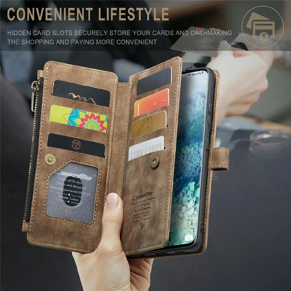 For Samsung Galaxy S20 Plus Phone Cases with Strap CASEME C30 Zipper Multiple Card Holder PU Leather Cover - Brown - 6