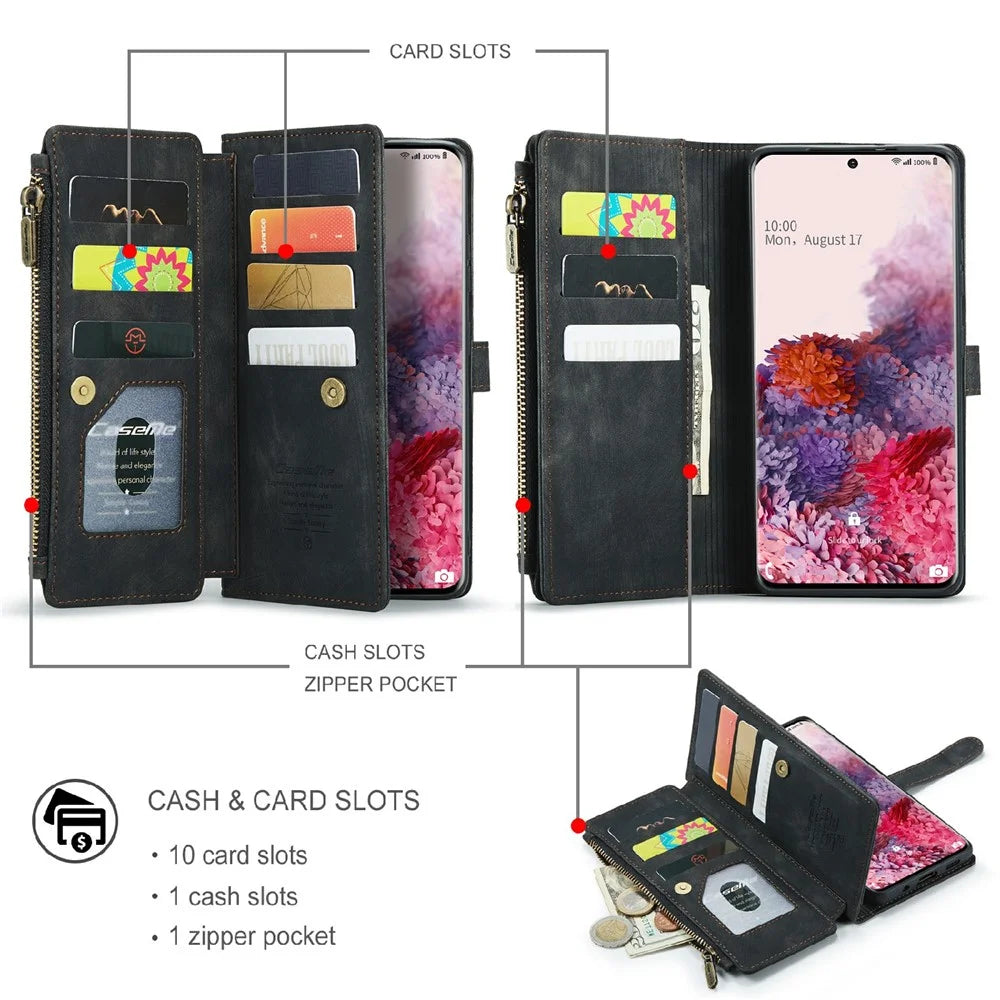 For Samsung Galaxy S21 Ultra 5G Phone Cases with Strap CASEME C30 Zipper Multiple Card Holder PU Leather Cover - Black - 3