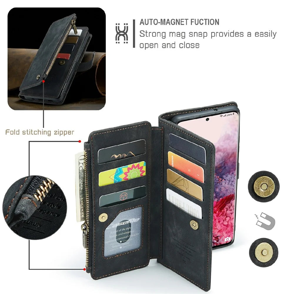 For Samsung Galaxy S21 Ultra 5G Phone Cases with Strap CASEME C30 Zipper Multiple Card Holder PU Leather Cover - Black - 5