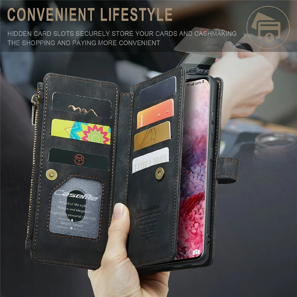 For Samsung Galaxy S21 Ultra 5G Phone Cases with Strap CASEME C30 Zipper Multiple Card Holder PU Leather Cover - Black - 7