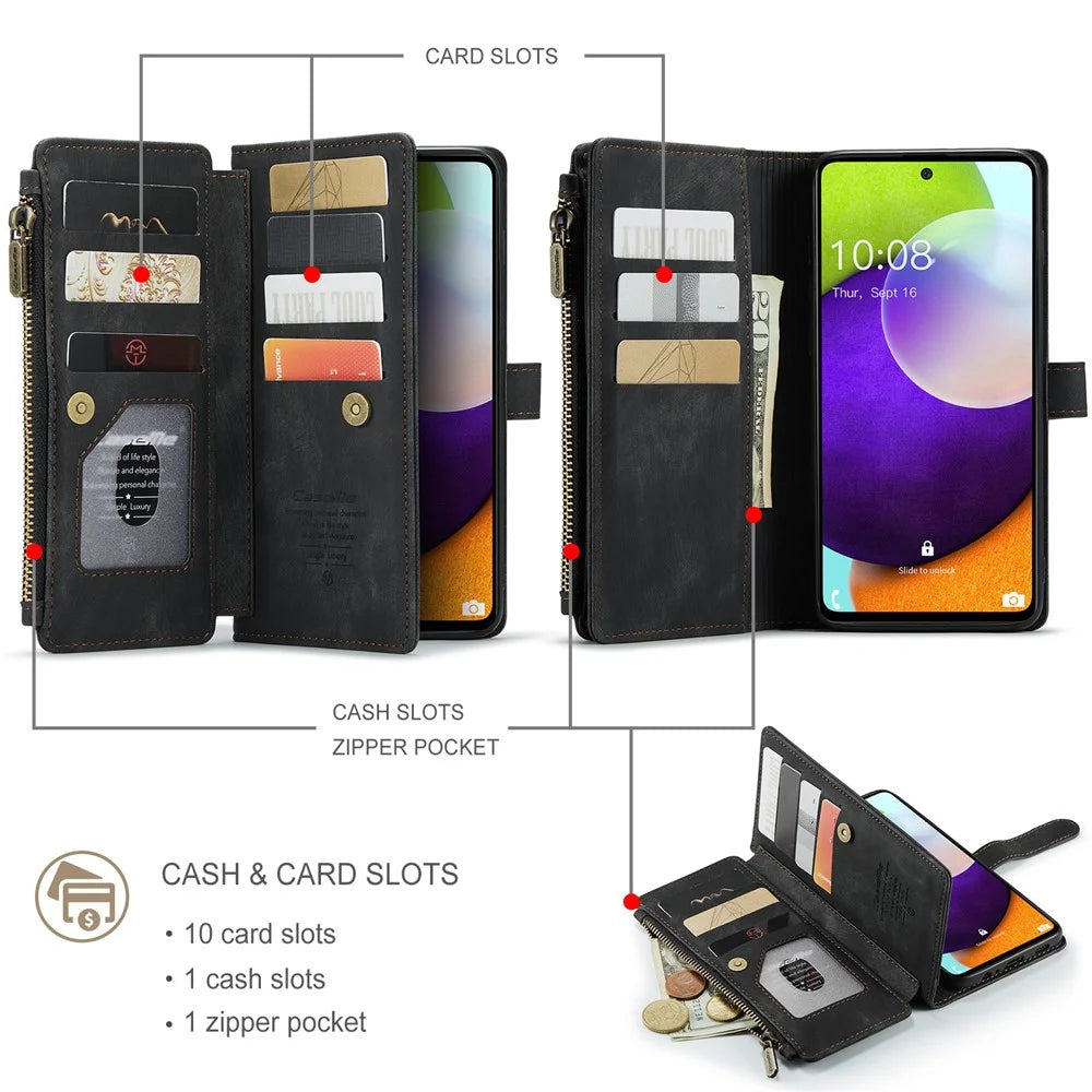 For Samsung Galaxy A52s 5G / A52 4G / 5G Phone Cases with Strap CASEME C30 Zipper Multiple Card Holder PU Leather Cover - Black - 3