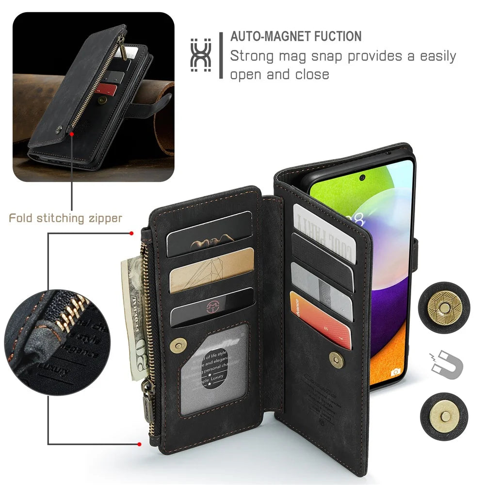 For Samsung Galaxy A52s 5G / A52 4G / 5G Phone Cases with Strap CASEME C30 Zipper Multiple Card Holder PU Leather Cover - Black - 5