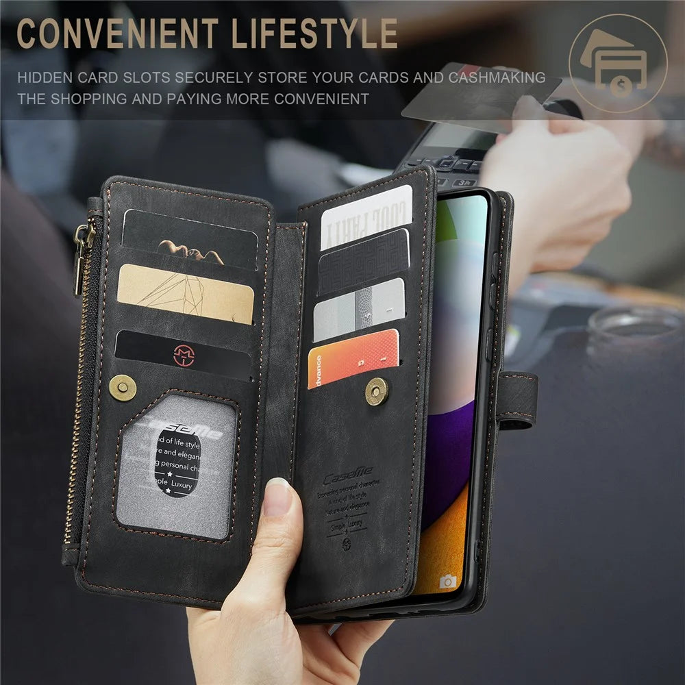For Samsung Galaxy A52s 5G / A52 4G / 5G Phone Cases with Strap CASEME C30 Zipper Multiple Card Holder PU Leather Cover - Black - 6