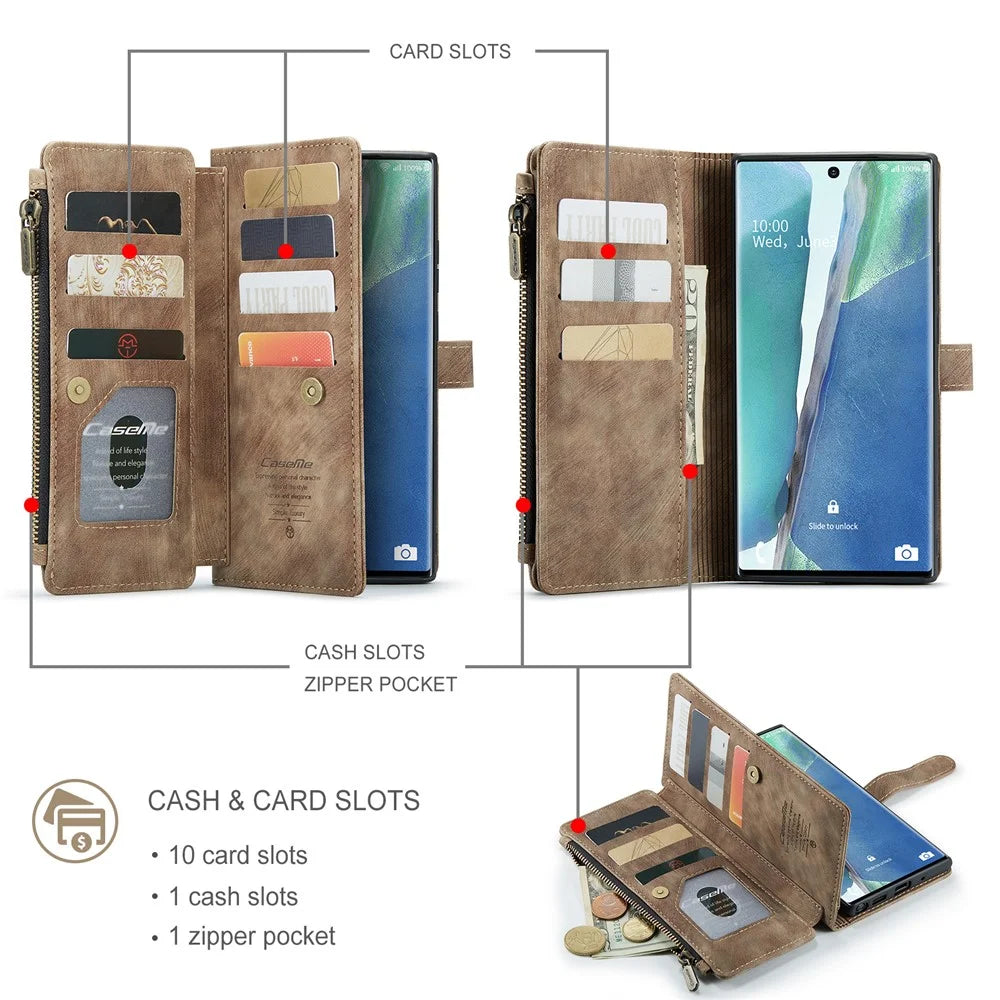 For Samsung Galaxy Note20 Ultra / Note20 Ultra 5G Phone Cases with Strap CASEME C30 Zipper Multiple Card Holder PU Leather Cover - Brown - 3