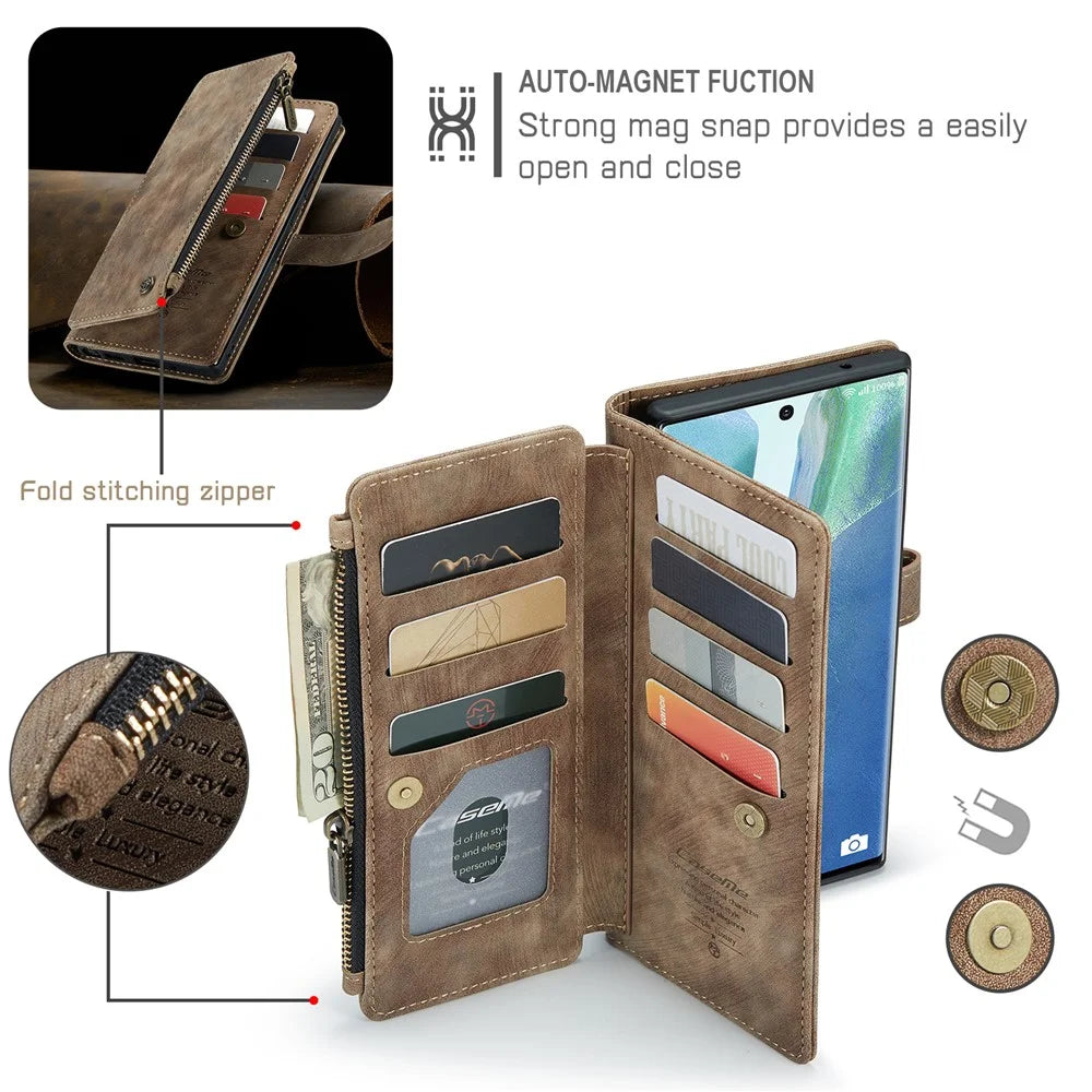 For Samsung Galaxy Note20 Ultra / Note20 Ultra 5G Phone Cases with Strap CASEME C30 Zipper Multiple Card Holder PU Leather Cover - Brown - 5