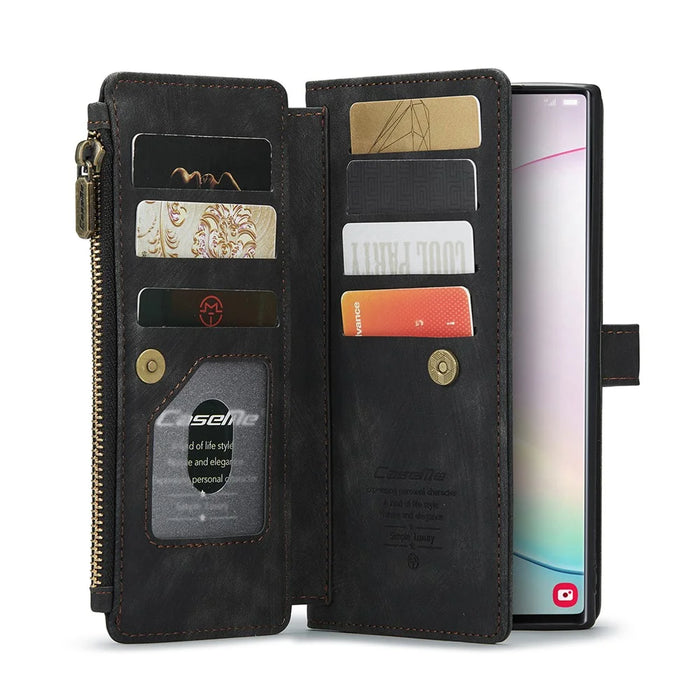 For Samsung Galaxy Note 10 Plus / Note 10 Plus 5G Phone Cases with Strap CASEME C30 Zipper Multiple Card Holder PU Leather Cover - Black - 1