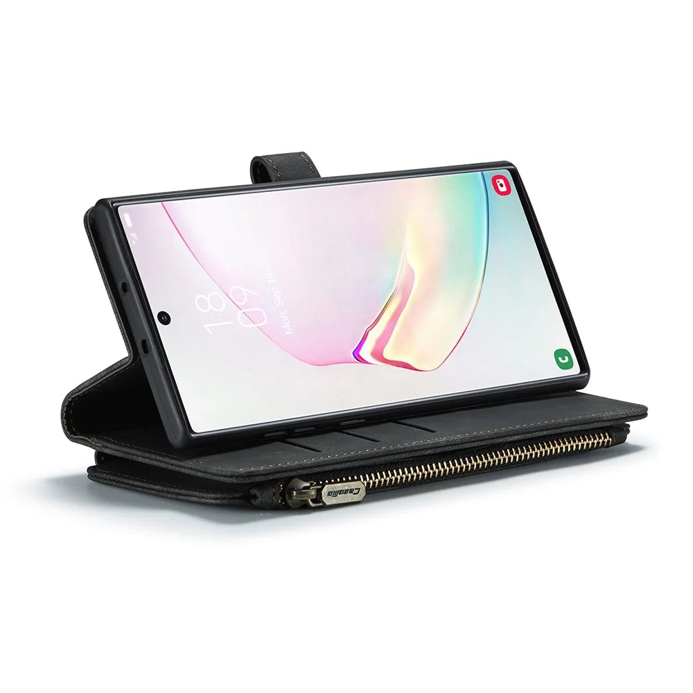 For Samsung Galaxy Note 10 Plus / Note 10 Plus 5G Phone Cases with Strap CASEME C30 Zipper Multiple Card Holder PU Leather Cover - Black - 5