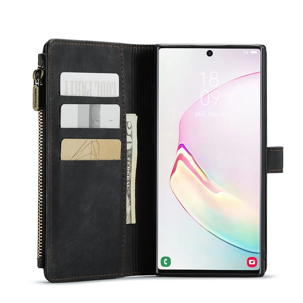 For Samsung Galaxy Note 10 Plus / Note 10 Plus 5G Phone Cases with Strap CASEME C30 Zipper Multiple Card Holder PU Leather Cover - Black - 6