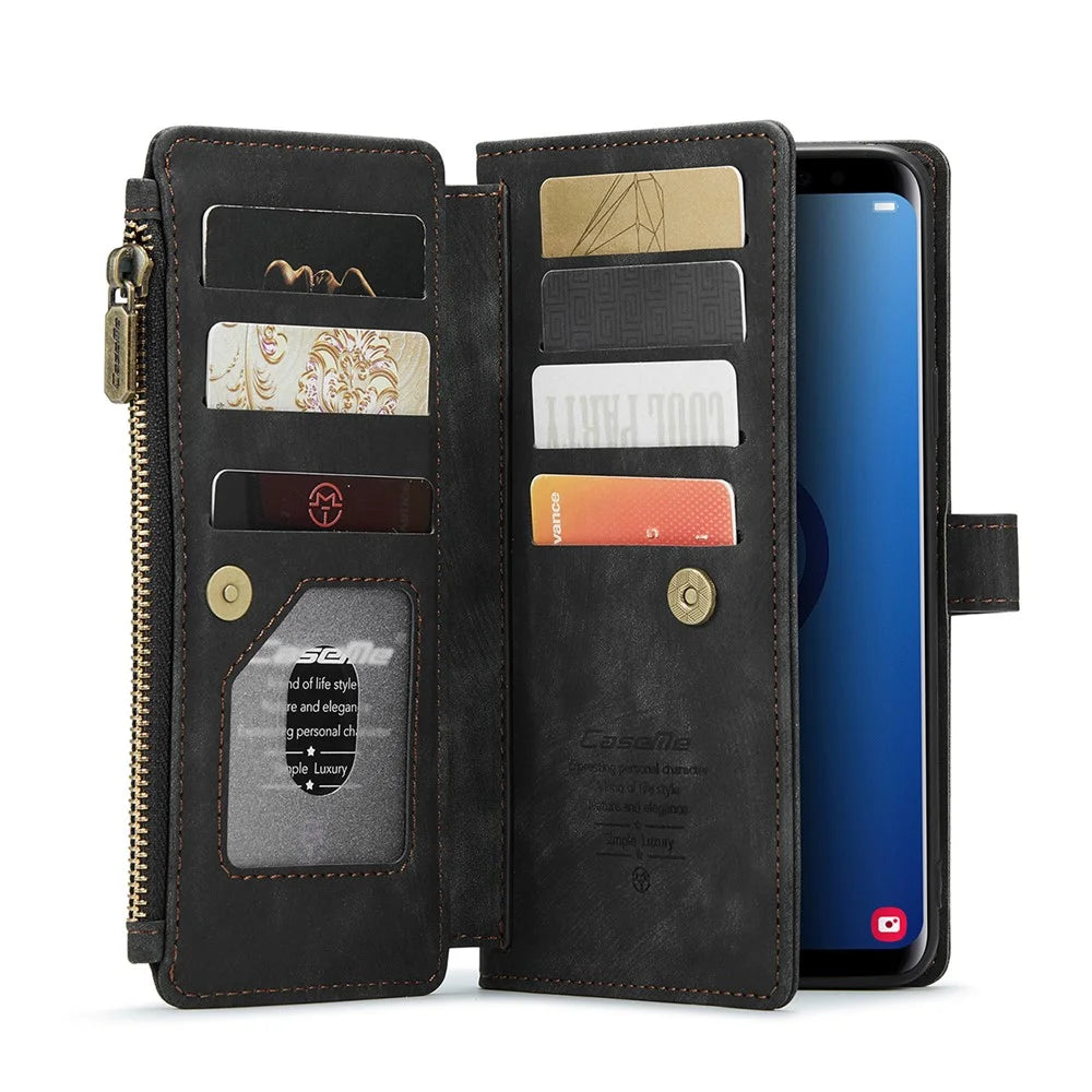 For Samsung Galaxy S9+ Phone Cases with Strap CASEME C30 Zipper Multiple Card Holder PU Leather Cover - Black - 1