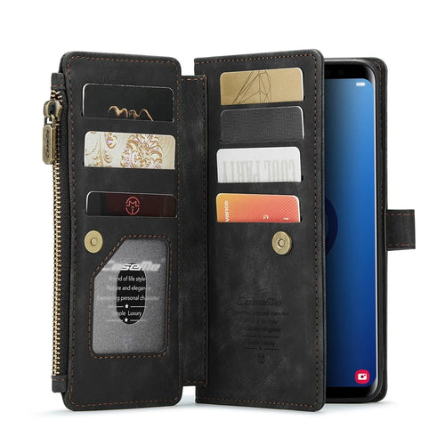 For Samsung Galaxy S9+ Phone Cases with Strap CASEME C30 Zipper Multiple Card Holder PU Leather Cover - Black - 1