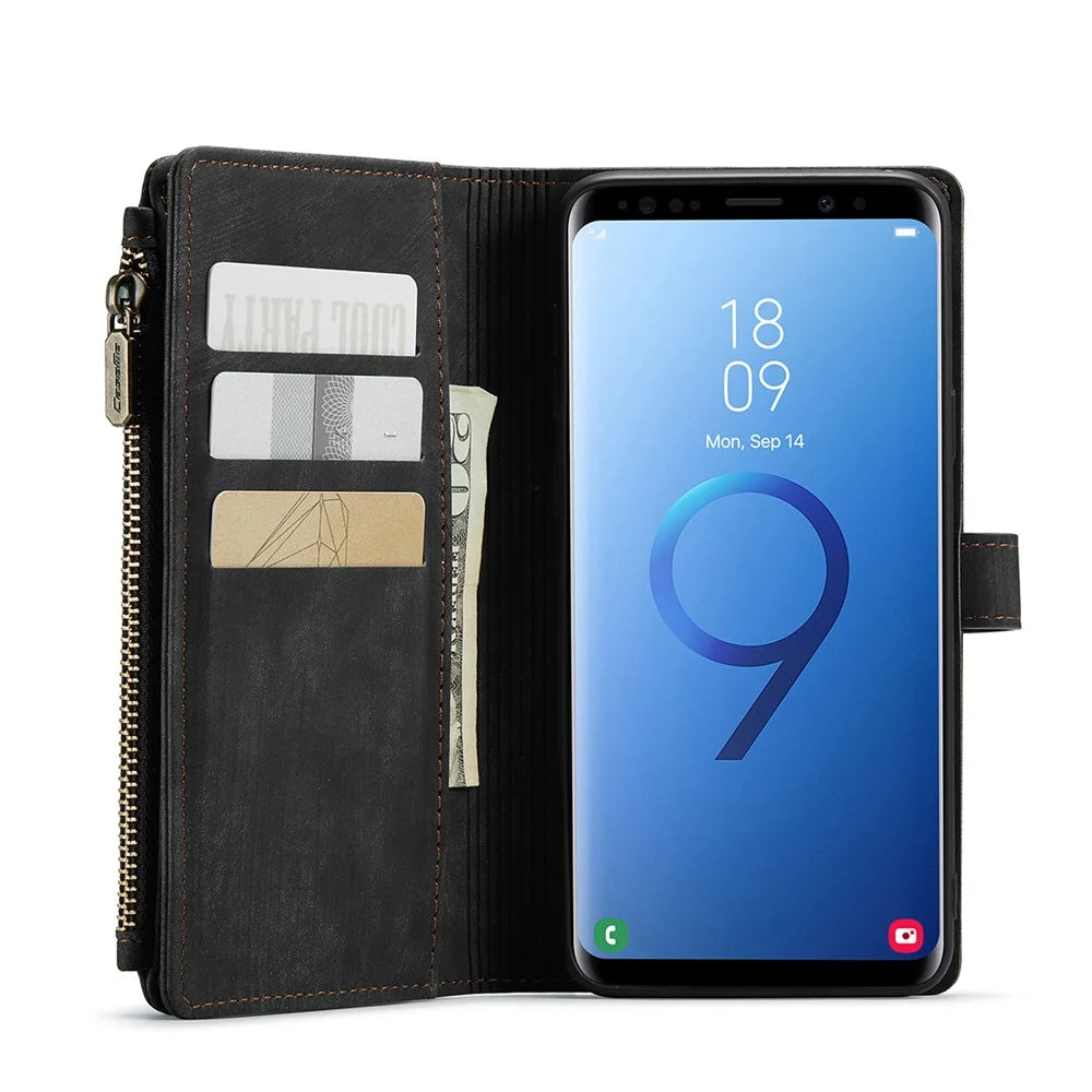 For Samsung Galaxy S9+ Phone Cases with Strap CASEME C30 Zipper Multiple Card Holder PU Leather Cover - Black - 6