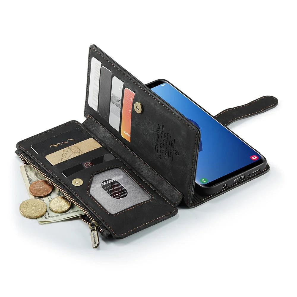 For Samsung Galaxy S9+ Phone Cases with Strap CASEME C30 Zipper Multiple Card Holder PU Leather Cover - Black - 7