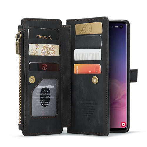 For Samsung Galaxy S10 4G Phone Cases with Strap CASEME C30 Zipper Multiple Card Holder PU Leather Cover - Black - 1