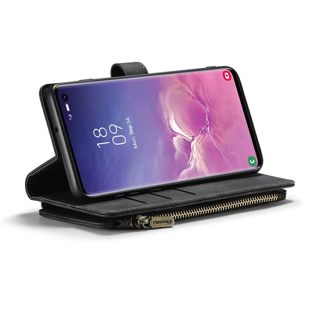 For Samsung Galaxy S10 4G Phone Cases with Strap CASEME C30 Zipper Multiple Card Holder PU Leather Cover - Black - 4