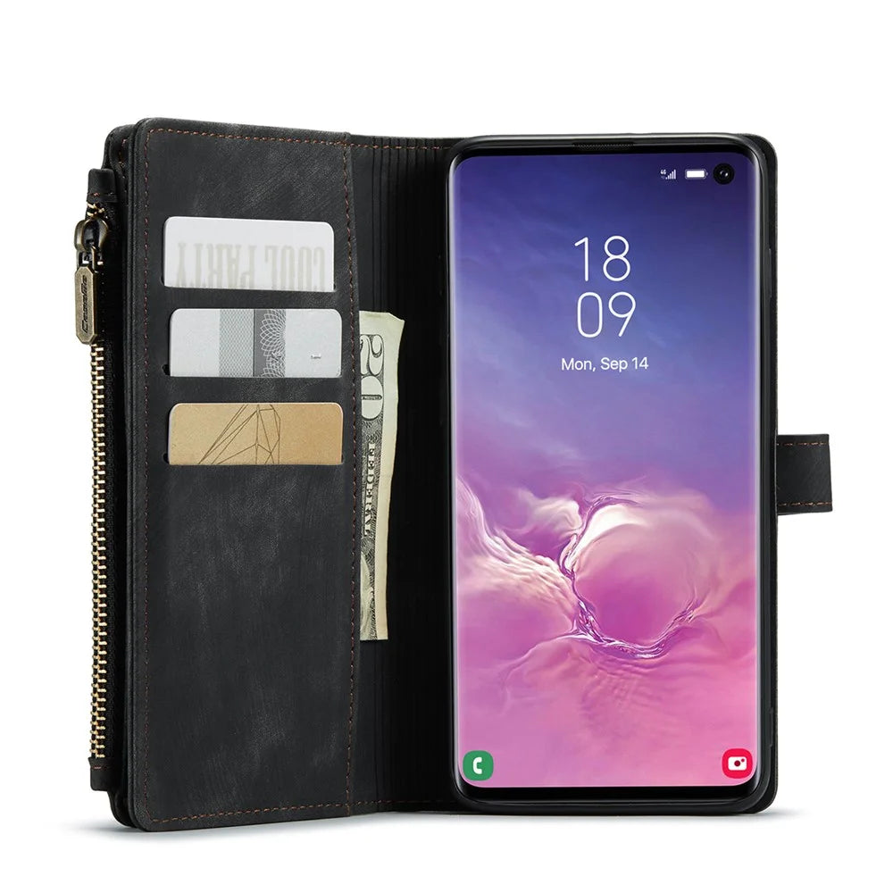 For Samsung Galaxy S10 4G Phone Cases with Strap CASEME C30 Zipper Multiple Card Holder PU Leather Cover - Black - 5