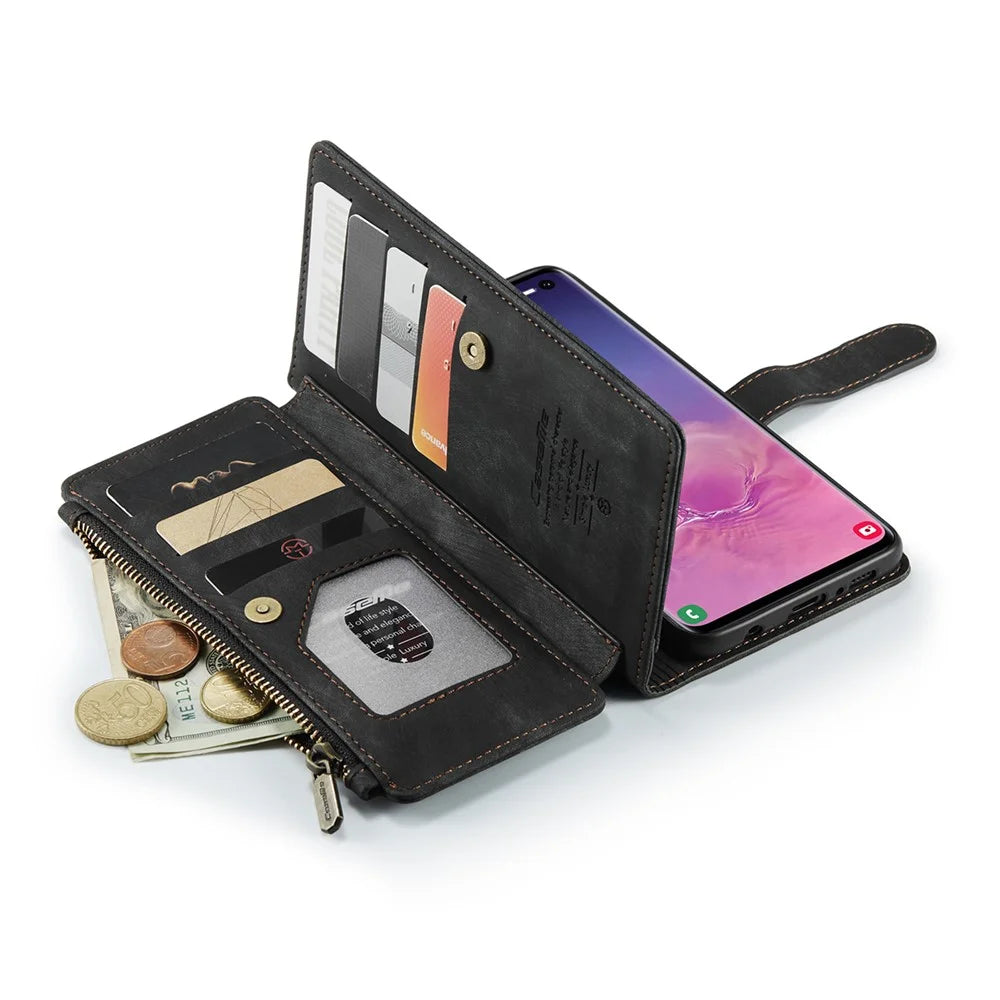 For Samsung Galaxy S10 4G Phone Cases with Strap CASEME C30 Zipper Multiple Card Holder PU Leather Cover - Black - 6