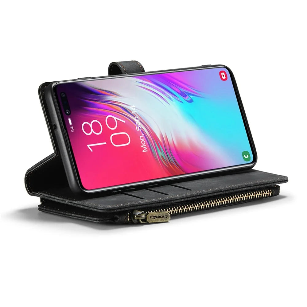 For Samsung Galaxy S10 Plus Phone Cases with Strap CASEME C30 Zipper Multiple Card Holder PU Leather Cover - Black - 4
